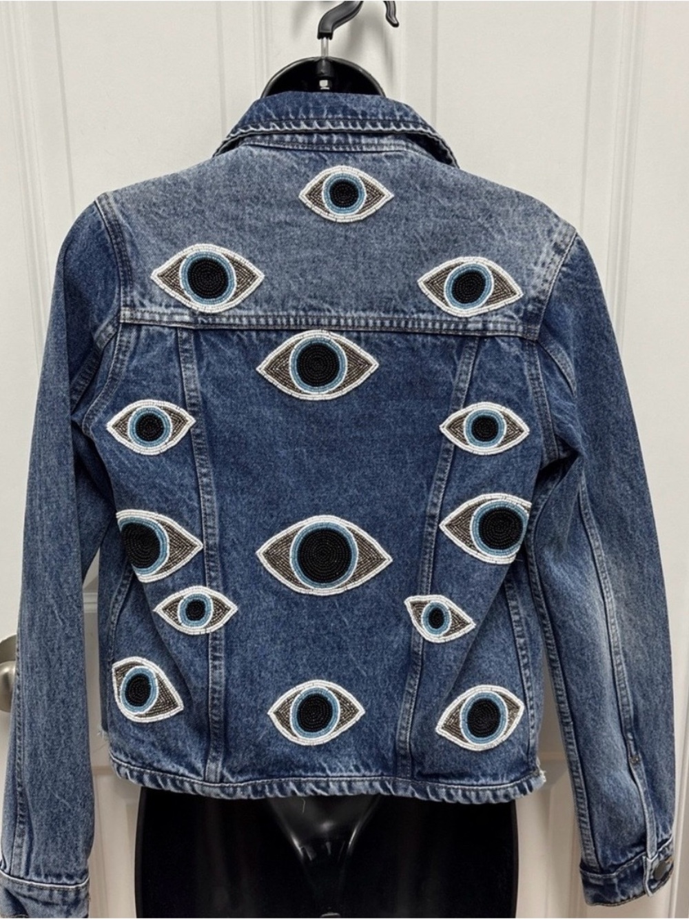 Embroidered Evil Eye Denim Jacket - Blue- xs rare👀👀